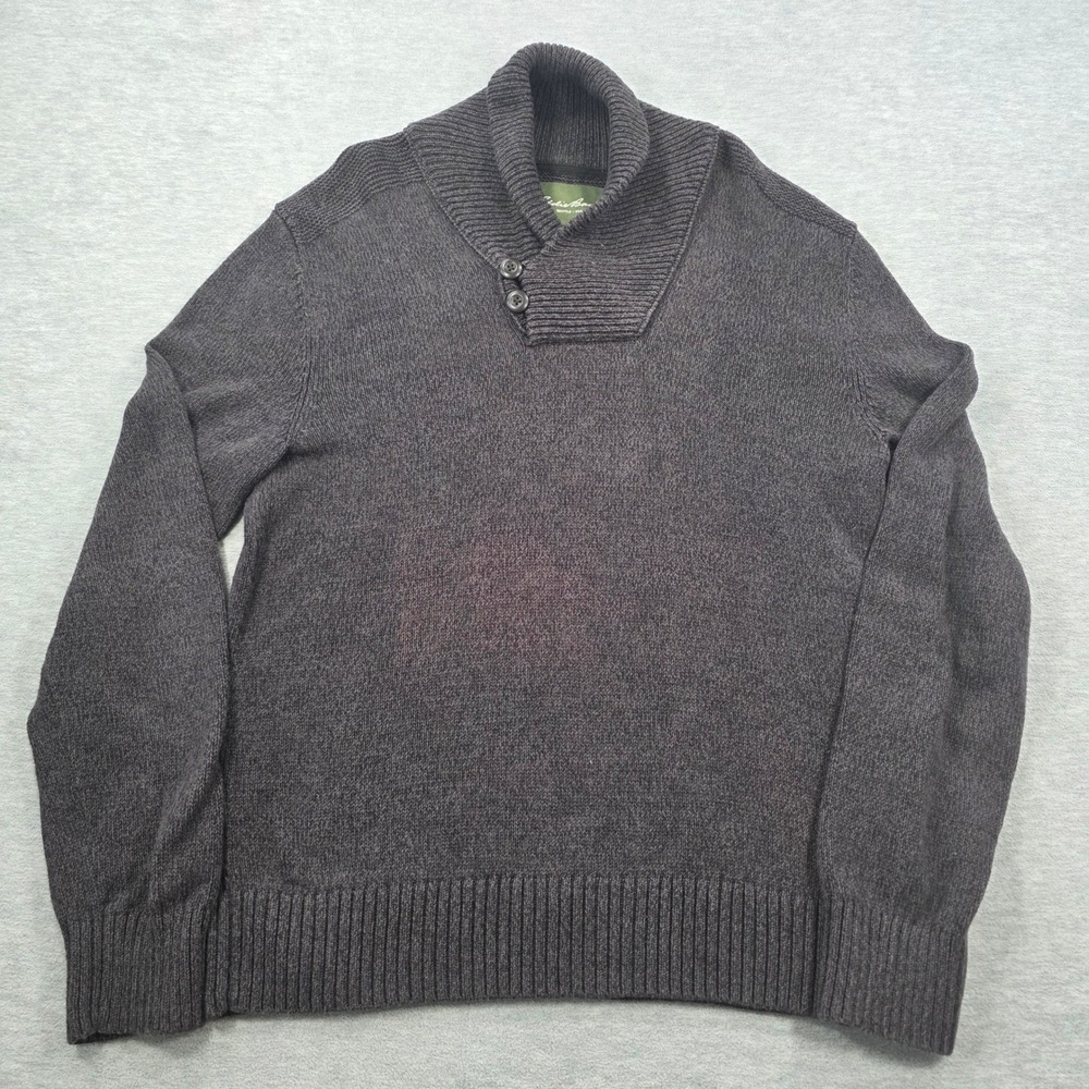Eddie Bauer Mens Shawl Collar Button Sweater Charcoal Gray Marl Knit Large